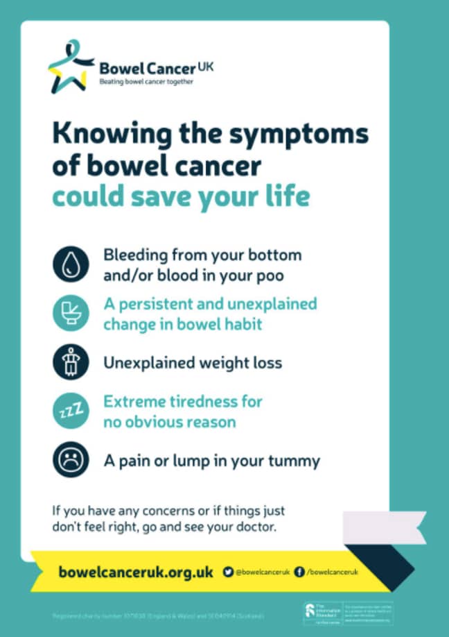She also shared a helpful post with symptoms to watch out for (Credit: Bowel Cancer UK)