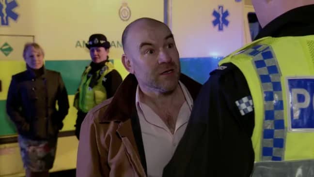 Geoff's son Tim is stopped from entering the house by police (Credit: ITV)