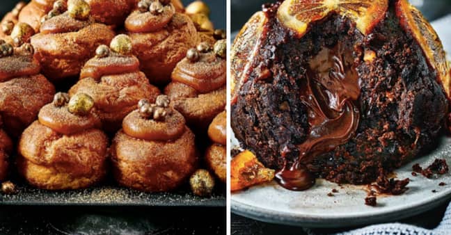 Profiteroles and chocolate orange Christmas pud are also on the menu (Credit: M&amp;S) 