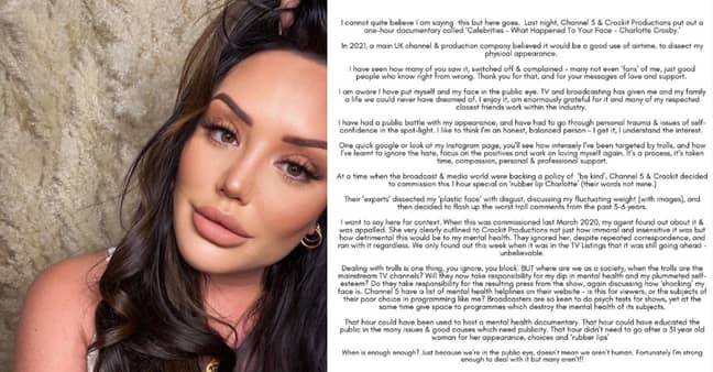 Charlotte Crosby released a statement after Channel 5 aired a documentary about her appearance (Credit: Charlotte Crosby/ Instagram)