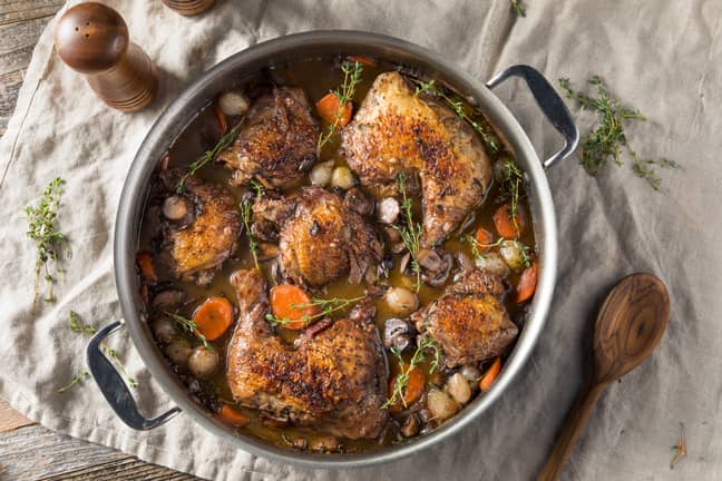 A coq au vin consists of chicken braised in a red wine sauce (Credit: Shutterstock)