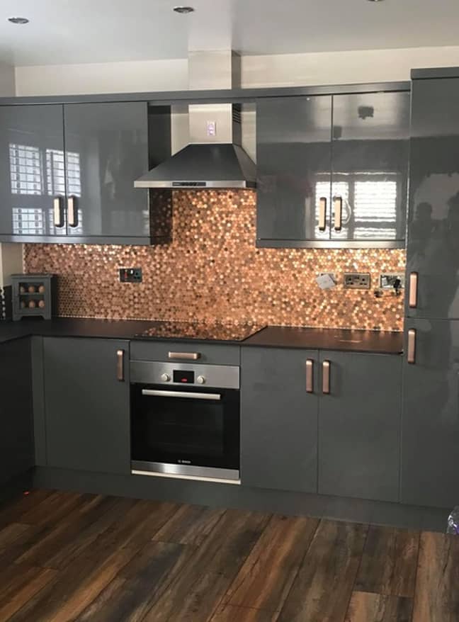 Emma's unique kitchen wall feature is made entirely out of old and new pennies (Credit: Emma Cox / Latest Deals)