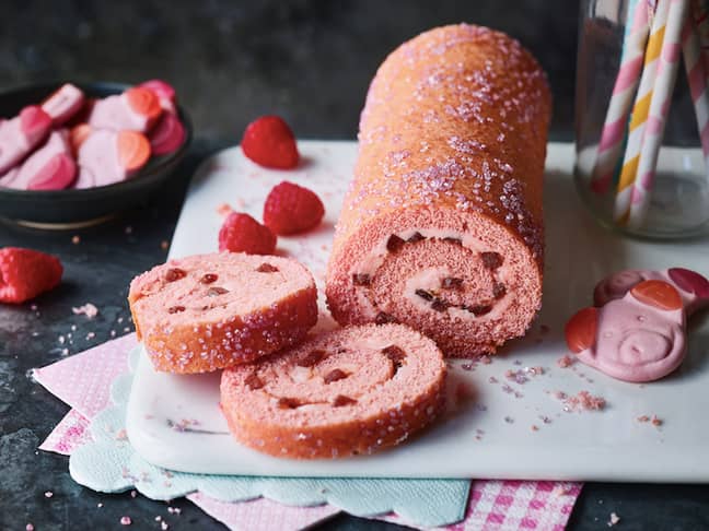 There's also a Percy Pig Swiss Roll - and it's coated in pink glitter (Credit: M&amp;S)
