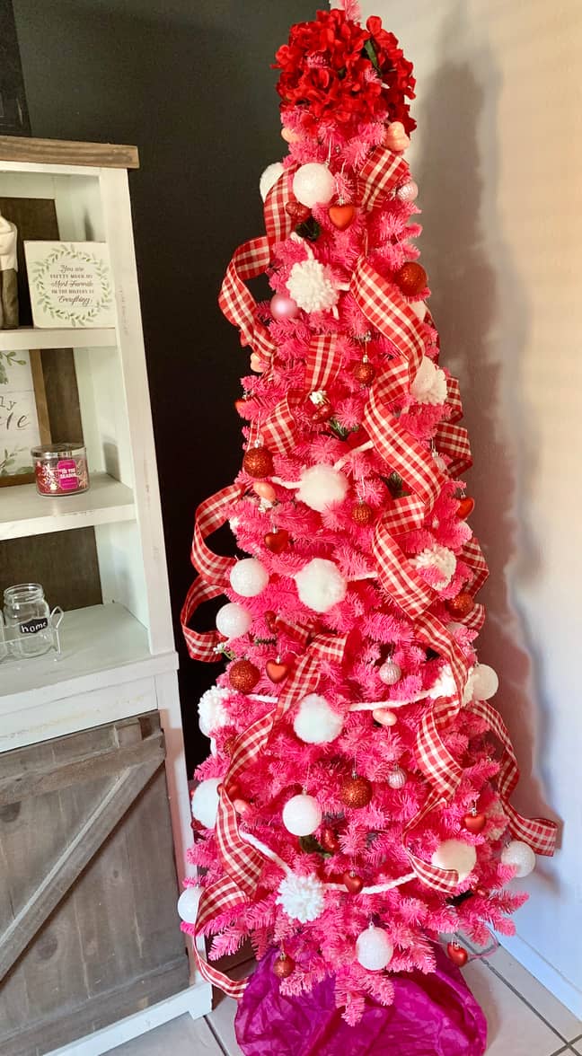 Karina's tree is Valentine's Day embodied thanks to its pink and red theme (Credit: Instagram/moms_are_people_too)