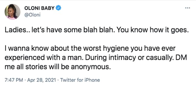 Oloni urged women the share their grossest stories (Credit: Twitter)