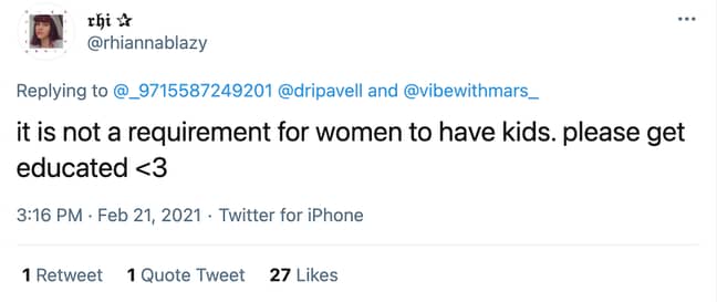 'It is not a requirement for women to have kids' urged one woman (Credit: Twitter) 
