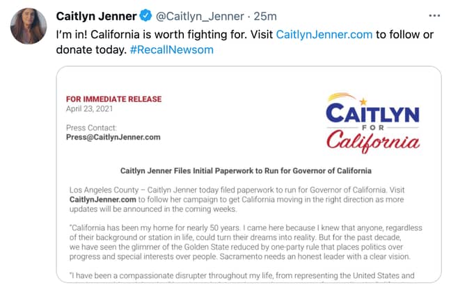 Caitlyn announced her campaign on Friday (Credit: Caitlyn Jenner/ Twitter)