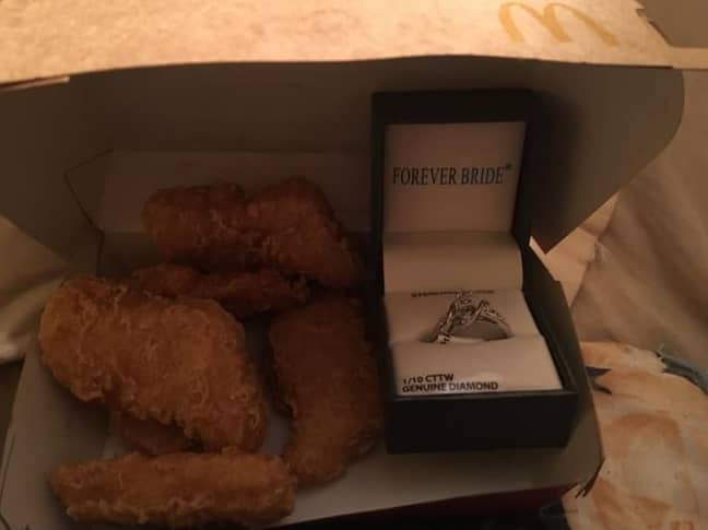 He gave her the ring in a box of Chicken McNuggets. (Credit: Facebook)