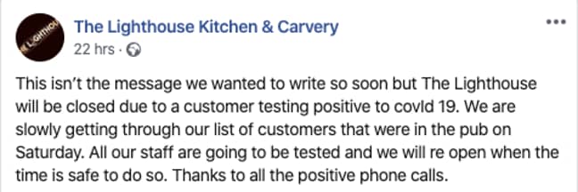The Lighthouse Kitchen and Carvery posted this message on Facebook (Credit: Facebook/ The Lighthouse Kitchen and Carvery)