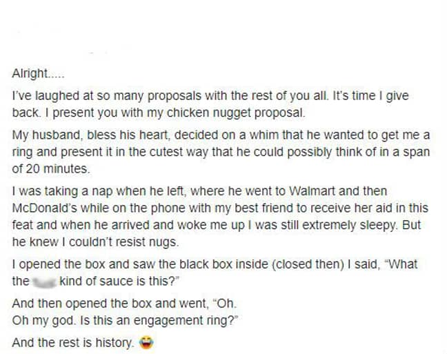 The woman took to Facebook to share her unconventional proposal. (Credit: Facebook)