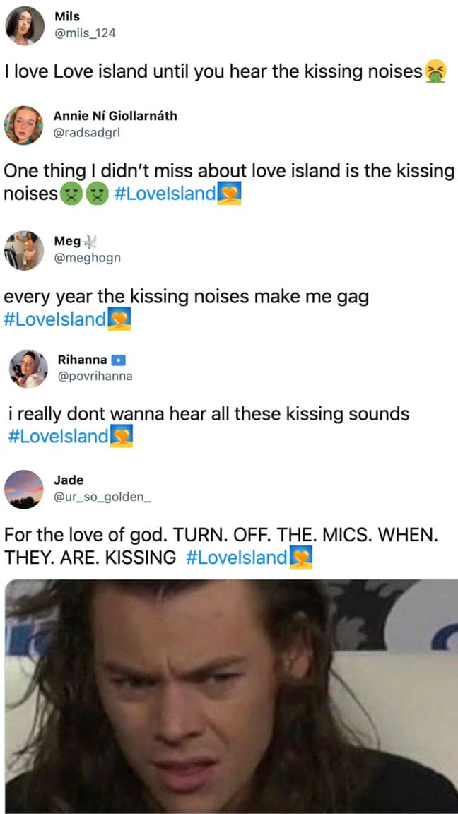 Love Island fans are begging producers to turn mics down when islanders are kissing (Credit: Twitter)