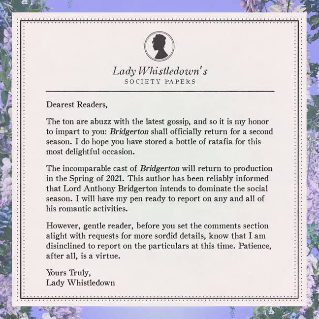 Lady Whistledown hinted at the plot of series 2 in a 'pamphlet' (Credit: Shondaland)
