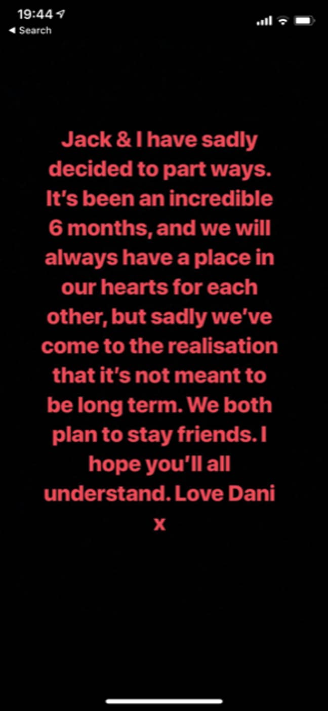 Dani Dyer posted the shocking news on her Instagram story. (Credit: Instagram/Dani Dyer)