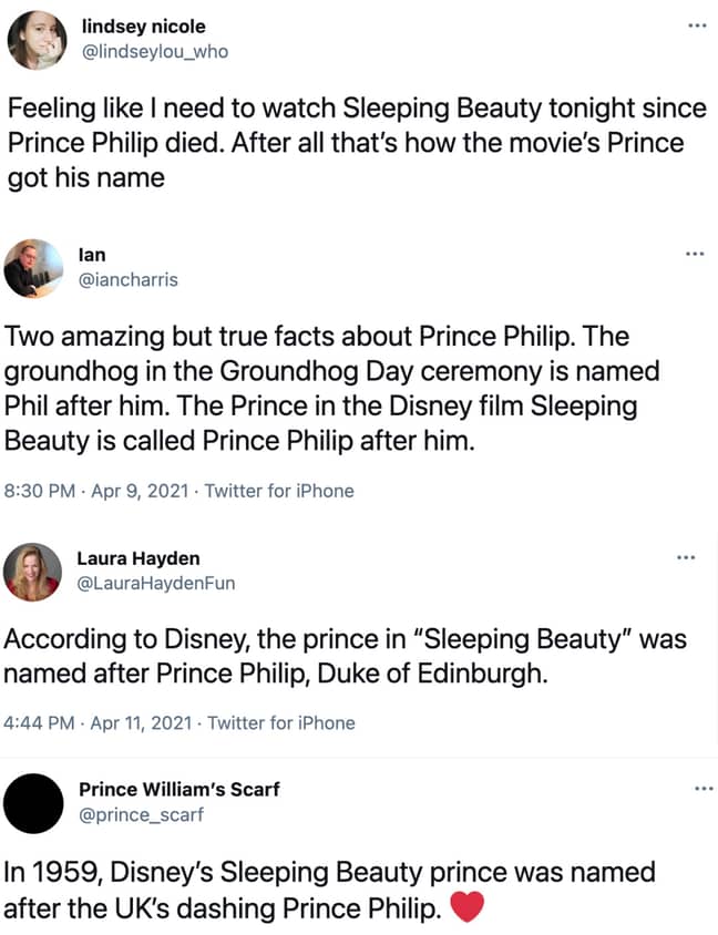 Twitter reacted to the Duke of Edinburgh's death by posting about his alleged influence on the film Sleeping Beauty (Credit: Twitter)