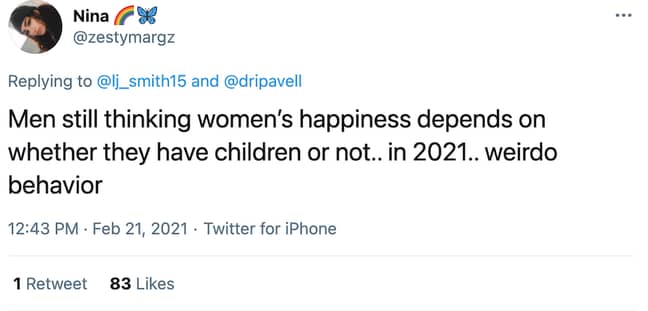 'Men still thinking women's happiness depends on whether they have children or not.. in 2021' said on woman (Credit: Twitter)