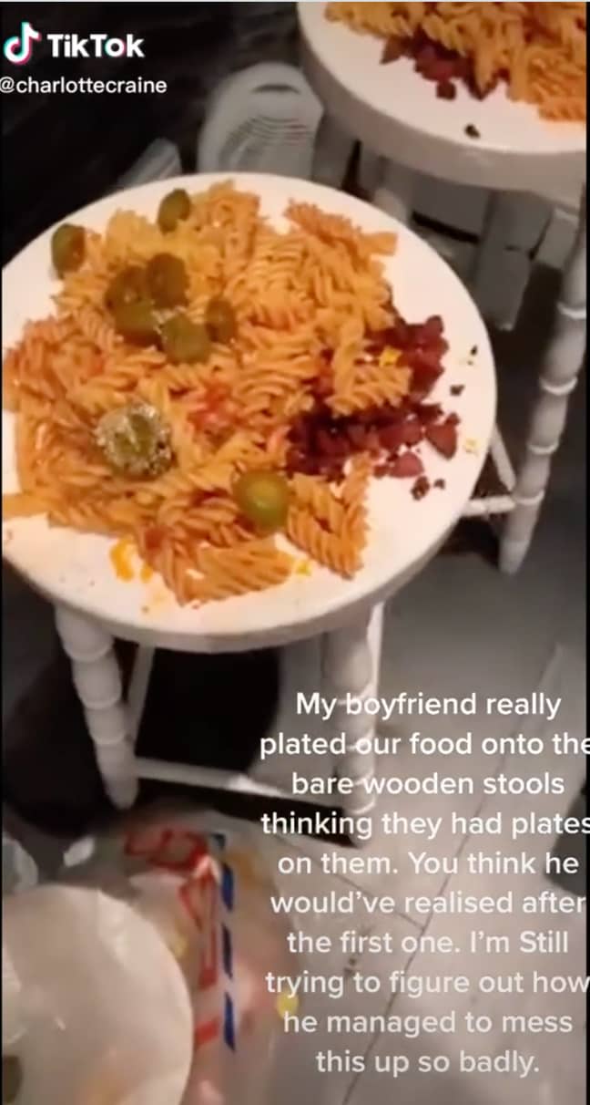 Charlotteecraine's boyfriend plated their dinner on kitchen stools (Credit: Charlotteecraine/TikTok)