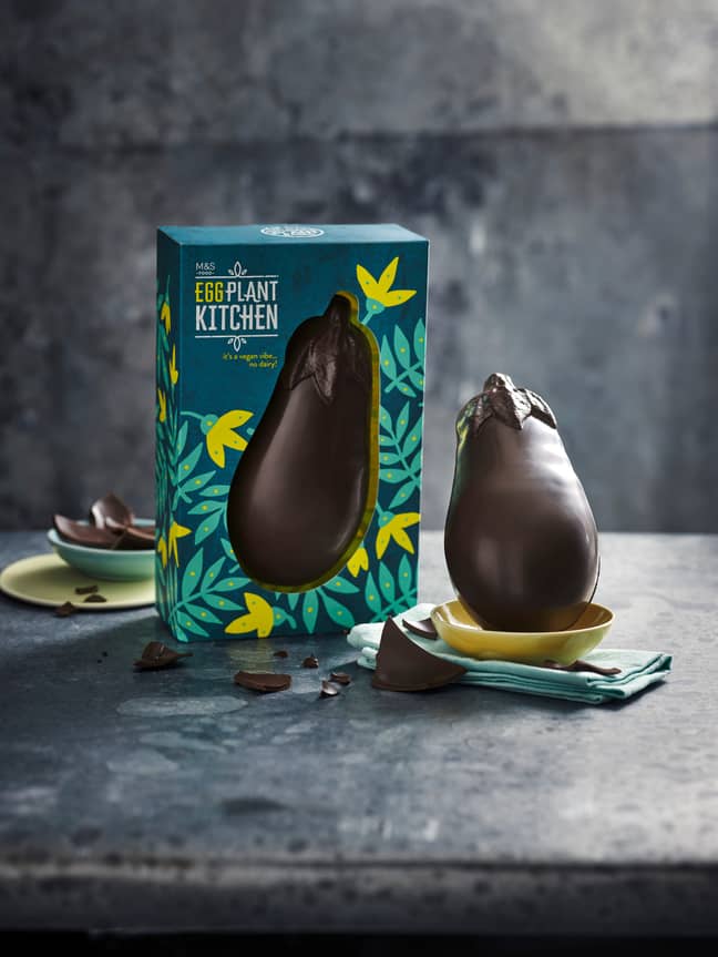 The egg features thick, dairy free chocolate, crafted into a cheeky aubergine shape (Credit: M&amp;S)