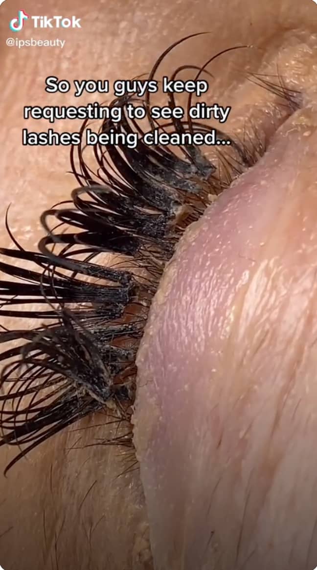 The TikToker shared the shocking video showing her cleaning dirty eyelash extentions (Credit: Ipsbeauty/TikTok)