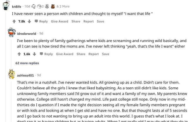 People on Reddit are sharing the reasons why they decided not to have kids (Credit: Reddit)