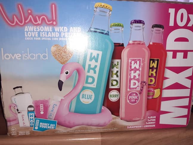 Tesco is selling a Love Island themed WKD box filled with 10 mixed flavours of the fruity bev (Credit: Facebook/Extreme Couponing and Bargains)