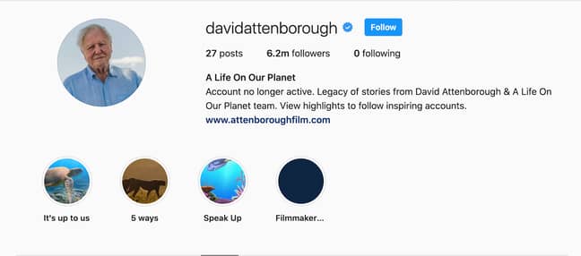 Sir David Attenborough's dormant Instagram account (Credit: Instagram/Sir David Attenborough)