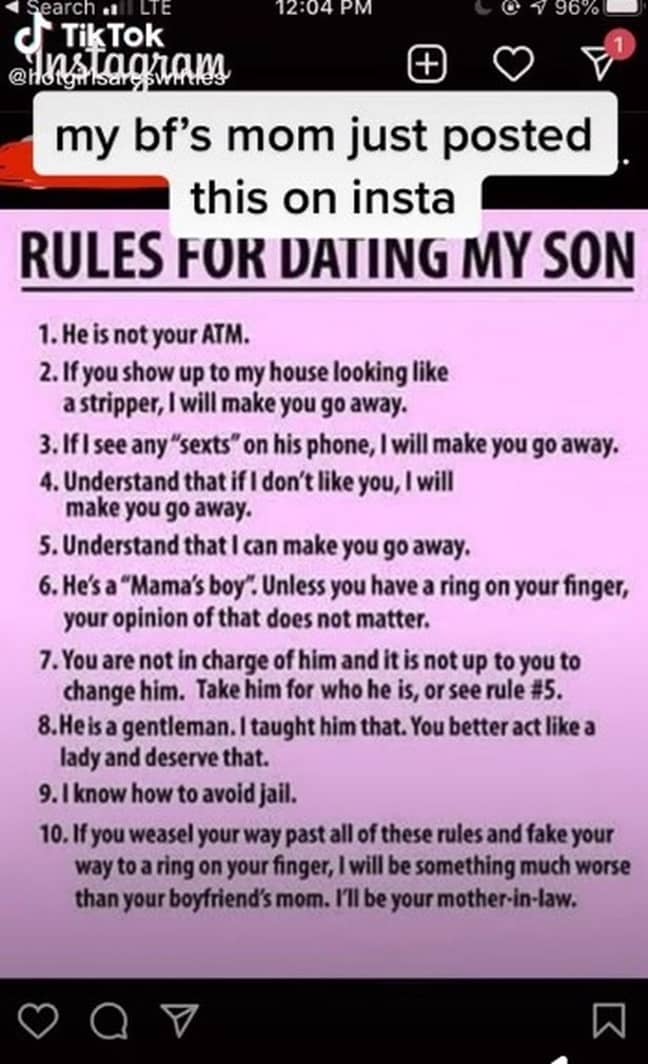 Emma's boyfriend's mum posted the rules on Instagram (Credit: TikTok)