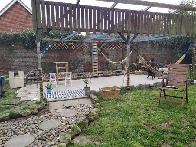 With hammocks and accessories, the at-home retreat begins to take shape (Credit: Caters)