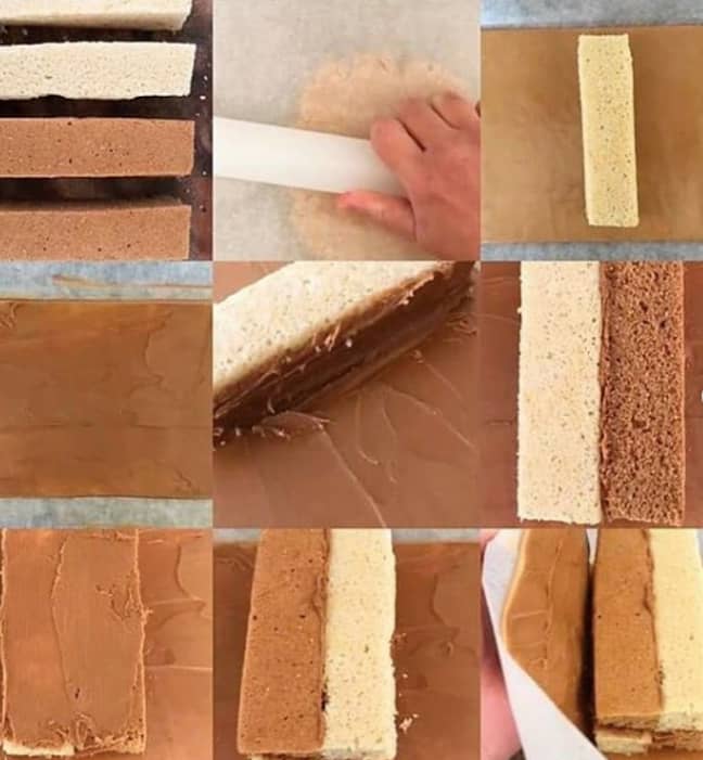 Assembling the Battenberg (Credit: Instagram/ @vegan_food_uk/ @Vecreationrecipes) 
