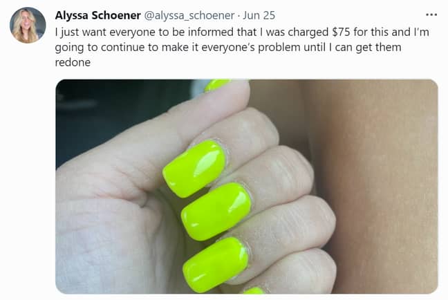 Women have been sharing their worst manicure fails (Credit: Twitter/@alyssa_schoener)