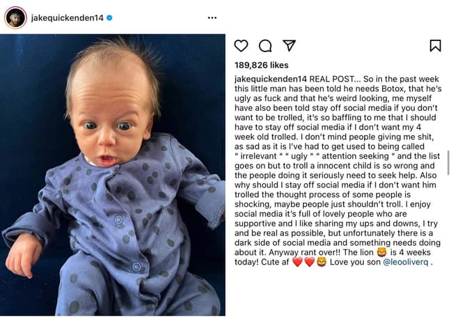 Jake Quickenden called out internet trolls for criticising his newborn son's looks (Credit: Jake Quickenden/ Instagram)