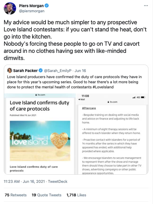 Piers Morgan lashes out at Love Island care package on Twitter (Credit: Twitter/piersmorgan)