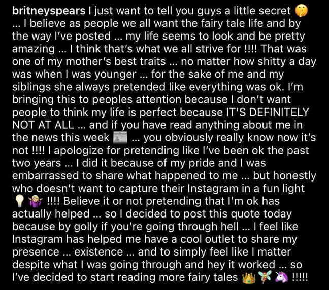 Britney speaks out to fans on Instagram (Credit: Instagram)