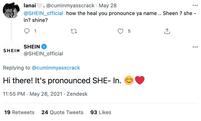 The official Shein Twitter account confirmed how we should all pronounce 'Shein' (Credit: Twitter)