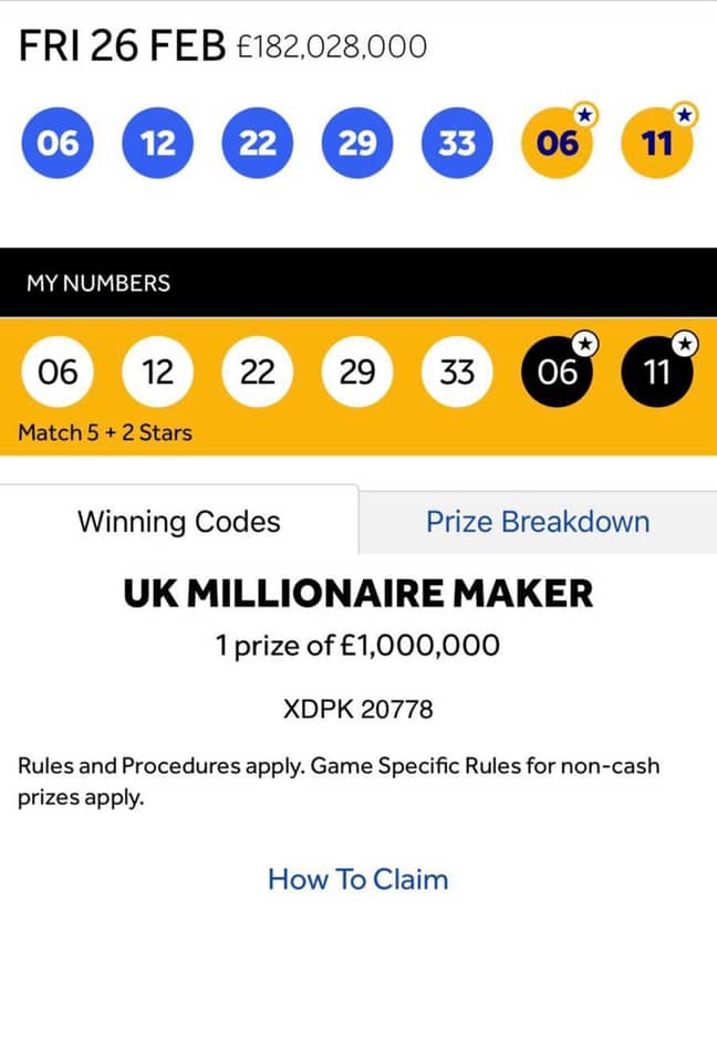 Les Deux Hommes Ont Été Amenés À Croire Qu'Ils Avaient Remporté Le Jackpot (Crédit: National Lottery Euromillions App / Liam Mccrohan