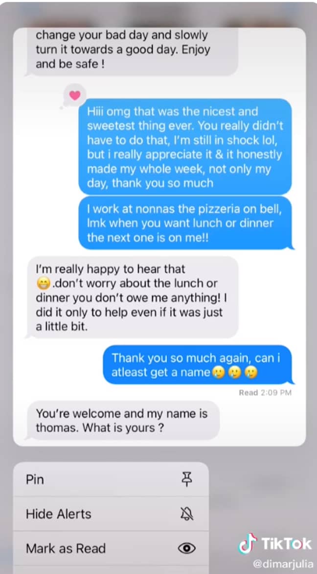 Julia offered Thomas the delivery driver lunch at the pizzeria she works at (Credit: @dimarjuli/TikTok)