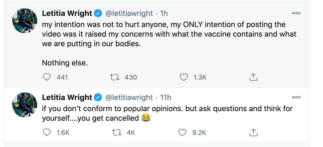 Letitia Wright apologised on Twitter after sharing the vaccine doubter video (Credit: Letitia Wright/Twitter)