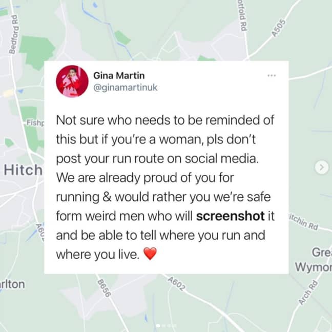 Gina Martin shared stories and advice to her Instagram about the risk of posting your running route online (Credit: Instagram - ginamartin)