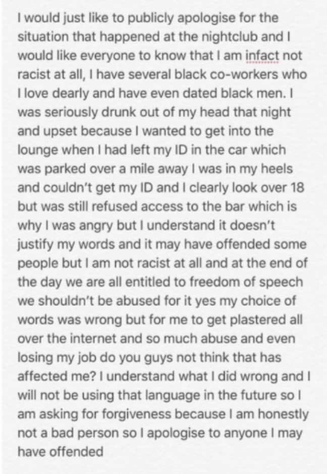 The woman in question posted an apology on Instagram (Credit: Instagram)